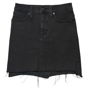 Madewell High Rise Denim Mini Skirt Black Raw Hem Size 23 Side Slit Stepped Hem